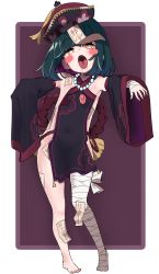 1girl absurdres bad_id bad_pixiv_id bandaged_arm bandaged_leg bandages barefoot black_hair blush_stickers covered_navel detached_sleeves drooling flat_chest full_body hat highres huge_filesize jewelry jiangshi looking_at_viewer necklace original qingdai_guanmao revealing_clothes short_hair solo talisman tongue tongue_out what_a yellow_eyes