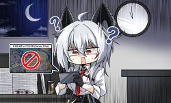 1girl ? ahoge black_choker black_gloves black_horns can cellphone choker clock collared_shirt commentary_request crescent_moon curled_horns drink_can eye_mask gloves grey_hair highres holding holding_phone horns indoors jazz9207 korean_commentary large_arm long_hair mask moon necktie open_mouth phone red_eyes red_necktie shirt shirt_tucked_in smartphone solo surprised unworn_mask wall_clock white_shirt wuthering_waves zani_(wuthering_waves)