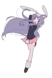 Rule 34 | 1girl, absurdres, ahoge, animal ears, black jacket, blush stickers, brown shoes, buttons, crescent, fang, floating hair, full body, highres, jacket, lapel pin, lapels, leg up, long hair, long sleeves, miniskirt, mochihamo chiya, notched lapels, open mouth, pink skirt, pleated skirt, purple hair, rabbit ears, red eyes, reisen udongein inaba, shirt, shoes, sidelocks, simple background, skin fang, skirt, skirt tug, socks, solo, sweat, touhou, uneven eyes, very long hair, white background, white shirt, white socks
