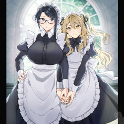 2girls apron asuma_mitsuya_(yunamaro) black_bow black_bowtie black_dress black_hair black_ribbon blonde_hair blue_eyes bow bowtie breasts buttons closed_mouth dress genderswap genderswap_(mtf) hair_ribbon hand_on_own_hip hat highres holding_hands large_breasts long_hair long_sleeves maid_headdress mob_cap multiple_girls original ribbon semi-rimless_eyewear smile two_side_up white_apron white_hat yaotome_tsuyako_(yunamaro) yellow_eyes yunamaro