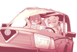 Rule 34 | 2girls, biscione (fate), biscione (first ascension) (fate), breasts, business suit, car, choco (chocolate shop), collared shirt, dragon girl, dragon tail, driving, fate/grand order, fate (series), forked eyebrows, formal clothes, glasses, hair bun, highres, horns, jacket, large breasts, melusine (fate), monochrome, motor vehicle, multiple girls, nervous sweating, office lady, pointy ears, red theme, seatbelt, seatbelt between breasts, shirt, short hair, sidelocks, smile, steering wheel, suit, sweat, tail