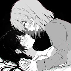 2girls aijou_karen bare_shoulders bed_sheet black_background blush camisole chromatic_aberration closed_mouth ear_blush eye_contact face-to-face from_side girl_on_top greyscale hair_between_eyes hair_down hair_spread_out hand_grab hand_up highres kagura_hikari long_hair long_sleeves looking_at_another lying monochrome multiple_girls nose_blush on_back parted_lips profile rococomm123 shirt short_hair shoujo_kageki_revue_starlight simple_background spot_color strap_slip sweat yuri