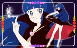 1girl absurdres arm_up artist_name black_cape blue_background blue_eyes blue_hair blunt_bangs breasts cape cape_hold cleavage closed_mouth commentary_request etou_ranze feet full_body gem hand_up high_collar highres index_finger_raised long_hair multiple_views naked_cape nose outline pink_gemstone portrait red_cape retro_artstyle sideboob signature simple_background small_breasts smile sparkle standing super_love_lotion thighs tiptoes toes tokimeki_tonight two-tone_cape very_long_hair white_outline yoshinaga_masahiro