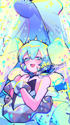 1girl absurdres aurorus bare_shoulders blush choker closed_mouth dress eyelashes gen_6_pokemon hair_between_eyes hatsune_miku highres holding long_hair looking_at_viewer mochi_(buchumi10) multicolored_hair nintendo open_mouth pendant_choker pokemon pokemon_(creature) project_voltage rock_miku_(project_voltage) sparkle strapless strapless_dress tiara twintails upper_body vocaloid
