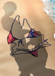 Rule 34 | 1boy, 1girl, absurdres, ahoge, american flag, american flag print, bikini, clothes pull, commentary, dressed shadow (meme), english commentary, fate/grand order, fate (series), fellatio, flag print, fujimaru ritsuka (male), hand on another&#039;s head, highres, implied nudity, long hair, meme, miyamoto musashi (fate), miyamoto musashi (fate/grand order), miyamoto musashi (swimsuit berserker) (fate), miyamoto musashi (swimsuit berserker) (first ascension) (fate), ocean, oral, owner1657, paid reward available, pants, pants pull, penis, sand, short hair, squatting, standing, standing fellatio, swimsuit, unworn bikini bottom, unworn bikini top