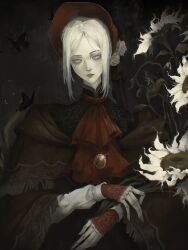 1girl ascot bloodborne bonnet brooch doll_joints flower fringe_trim grey_eyes half-closed_eyes highres jewelry joints kelvin_ricardo long_sleeves parted_bangs parted_lips plain_doll red_ascot shawl solo spieggel sunflower upper_body white_hair