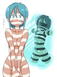 1girl blindfold blue_eyes blue_hair breasts closed_mouth collarbone completely_nude covering_privates cropped_arms cropped_legs embarrassed highres medium_breasts navel nude original oyatsu_(mk2) simple_background solo sweatdrop tan tan_tattoo tanline tearing_up twitter_username ultraviolet_light v_arms webp-to-png_conversion white_background