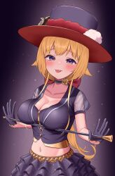 1girl absurdres animal_ears black_choker black_hat black_shirt black_skirt blonde_hair blush breasts cane choker cleavage frilled_skirt frills hat highres holding holding_cane hololive horns kumoru_(kumoru_145) large_breasts long_hair navel purple_eyes sheep_ears sheep_girl sheep_horns shirt skirt tsunomaki_watame very_long_hair virtual_youtuber