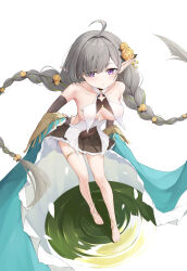 1girl absurdres ahoge azur_lane bare_shoulders barefoot black_skirt braid breasts closed_mouth covered_navel evertsen_(azur_lane) full_body grey_hair highres light_blush long_hair low_twin_braids medium_breasts pointy_ears purple_eyes simple_background skirt solo toes twin_braids very_long_hair white_background xiao_feifei