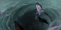 3boys arm_behind_back black_hair black_hanfu blurry blurry_foreground boat chinese_clothes clothes_grab depth_of_field floating floating_object floating_sword floating_weapon grey_pants hanfu headband high_ponytail holding_hands lan_wangji long_hair long_sidelocks long_sleeves male_focus modao_zushi multiple_boys pants ponytail shadow sidelocks standing_on_sword su_she sword topknot water watercraft weapon wei_wuxian whirlpool white_hanfu white_headband wide_sleeves xianduguaitan xiao_guan_(headdress)
