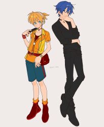 2boys alternate_costume arm_across_waist arm_up armband belt belt_buckle belt_pouch black_shirt black_shoes blonde_hair blue_eyes blue_shorts blush bolo_tie bracelet buckle closed_mouth collarbone collared_shirt commentary_request crew_neck dot_nose full_body hand_on_own_face headphones highres holding jewelry kagamine_len kaito_(vocaloid) kiii_4590 looking_to_the_side male_focus multiple_boys open_collar orange_shirt pouch red_shirt shirt shoes short_sleeves shorts sideways_glance simple_background sleeves_rolled_up smile vocaloid white_background white_trim wing_collar