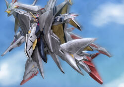 absurdres beam_rifle cloud cloudy_sky commentary_request energy_gun flying gundam gundam_hathaway&#039;s_flash hayatefseiei highres machinery mecha mecha_focus missile_pod mobile_suit no_humans penelope_(hathaway&#039;s_flash) realistic red_eyes robot science_fiction shield sky v-fin weapon