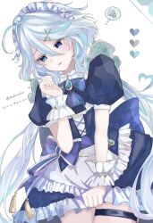 1girl absurdres ahoge alternate_costume apron artist_collaboration blue_bow blue_dress blue_eyes blue_gemstone blue_hair blue_pupils blue_wrist_cuffs blush bow commentary_request cowboy_shot dress drop-shaped_pupils enmaided furina_(genshin_impact) gem genshin_impact hair_between_eyes hair_ornament hand_up heart heterochromia highres light_blue_hair long_hair luta_(luta_1013) maid maid_headdress multicolored_hair onu5mochini parted_lips puffy_short_sleeves puffy_sleeves short_sleeves skirt skirt_tug small_sweatdrop solo sparkle speech_bubble spoken_squiggle squiggle streaked_hair symbol-shaped_pupils thigh_strap thought_bubble two-tone_wrist_cuffs very_long_hair white_apron white_background white_hair white_wrist_cuffs wrist_cuffs x_hair_ornament