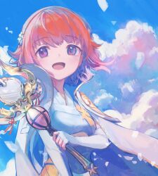 1girl :d cape cloud cloudy_sky elbow_gloves fingerless_gloves fire_emblem fire_emblem_fates fire_emblem_heroes gloves highres holding holding_staff japanese_clothes kimono kwz_ini looking_at_viewer nintendo official_alternate_costume open_mouth pink_eyes pink_hair sakura_(fire_emblem) sakura_(in_full_bloom)_(fire_emblem) short_hair sky smile solo staff upper_body white_cape white_gloves white_kimono