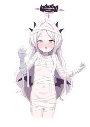1girl absurdres ahoge black_halo blue_archive blush demon_girl demon_horns demon_wings flat_chest halo highres hina_(blue_archive) horns loli long_hair looking_at_viewer navel purple_eyes qz simple_background standing white_background white_hair wings