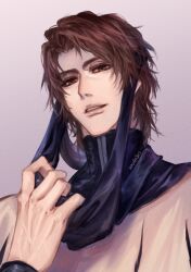 Rule 34 | 1boy, absurdres, aizen sousuke, bleach, bleach: sennen kessen-hen, brown eyes, brown hair, commentary, english commentary, eyepatch, film grain, gradient background, hand up, highres, kas0n3ri, looking at viewer, male focus, parted lips, short hair, simple background, solo, turtleneck, twitter username, unworn eyepatch, upper body