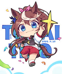 1girl animal_ears blue_eyes brown_hair closed_mouth confetti full_body horse_ears horse_girl horse_tail index_finger_raised long_hair looking_at_viewer red_shorts running shirt shorts solo sparkle tail tokai_teio_(umamusume) tomato_mameta umamusume white_shirt