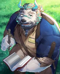 1boy absurdres bag bara bear beard blue_coat blue_eyes blue_streaks book brown_pants brown_shirt chest_hair claws coat collared_shirt crystal_horns facial_hair furry grass grey_fur grey_hair highres holding holding_book holding_pen horns large_pectorals lens_flare light_smile live_a_hero male_focus muscular muscular_male mustache open_mouth pants pectorals pen satchel scar scar_on_face seikeikei2015 shirt sitting strap thick_eyebrows valoray_(live_a_hero)