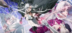 1girl ahoge aqua_eyes black_boots black_bow black_gloves black_jacket blue_eyes boots bow breasts carlotta_(wuthering_waves) closed_mouth commentary cracked_skin crystal dark_persona dress earrings english_commentary gloves gun hair_bow hairband highres holding holding_gun holding_weapon jacket jewelry looking_at_viewer multicolored_eyes multiple_views nakmini parted_lips pink_eyes pink_hairband pink_jacket rifle small_breasts smile stained_glass striped_bow tearing_up thigh_boots two-tone_eyes v-shaped_eyebrows weapon white_dress white_hair wuthering_waves