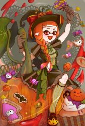 1girl :d animal_print arm_up bat_print black_dress black_gloves black_hat black_shoes blunt_bangs bow bowtie braid braided_ponytail candy collared_dress commentary cookie cupcake dress fang food ghost_print gloves green_bow green_bowtie green_socks hair_over_one_eye halloween halloween_costume hat hat_bow heart highres holding holding_candy holding_food holding_lollipop inkling inkling_girl inkling_player_character jack-o&#039;-lantern_hat_ornament kneehighs lollipop long_hair medium_dress naki_tamago nintendo open_mouth oversized_object pointy_ears puffy_short_sleeves puffy_sleeves pumpkin red_bow red_eyes red_hair shoes short_sleeves side_braid smile socks solo splatoon_(series) squid_print star_(symbol) striped_clothes striped_socks tentacle_hair vertical-striped_clothes vertical-striped_socks witch_hat