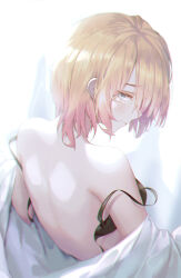 1girl back back_focus bare_shoulders black_bra blonde_hair blush bra closed_mouth clothes_down commentary double_strap_slip green_eyes highres kanojo_okarishimasu looking_at_viewer looking_back moda_(mo_da_3) nanami_mami off_shoulder open_bra profile short_hair shoulder_blades solo underwear
