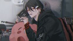 1boy bass_guitar black_hair black_hoodie black_nails book check_copyright commentary copyright_request cross cross_earrings ear_piercing earrings emo_fashion eyeshadow fangs from_side hair_between_eyes hair_ornament hairpin highres holding holding_book hood hoodie indoors instrument jewelry kirby kirby_(series) looking_at_viewer makeup male_focus medium_hair nintendo open_book original parted_lips piercing red_eyes red_sleeves solo st31010 striped_sleeves stud_earrings stuffed_toy symbol-only_commentary trash_can upper_body