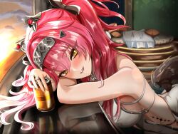 1girl absurdres bare_shoulders black_bow blush bow breasts bunchosan_dayo can commentary_request drink_can drunk fingernails hair_bow hair_ornament hairband highres holding holding_can jewelry long_hair looking_at_viewer lupa_(wuthering_waves) medium_breasts metal_hairband multiple_rings red_hair red_pupils ring smil solo tacet_mark_(wuthering_waves) tail wolf_tail wuthering_waves yellow_eyes
