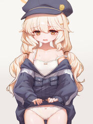 1girl aoba_(blue_archive) black_hat black_jacket blonde_hair blue_archive bow bow_panties breasts brown_eyes camisole hair_ornament hairclip halo hat highres jacket loli long_hair looking_at_viewer nekomimi_jiushi_seigi no_pants off_shoulder open_mouth panties small_breasts solo strap_slip sweat thighs twintails underwear white_camisole white_panties