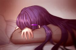 1girl artist_name bed crying cyba-fyba doki_doki_literature_club ears from_side hair_intakes hair_ornament hairclip hairpin hidden_face long_hair lying on_bed on_stomach patreon_logo pillow purple_hair sad school_uniform solo yuri_(doki_doki_literature_club)