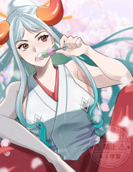 1girl aomushimm aqua_hair cherry_blossoms commentary_request dango dutch_angle food hakama highres holding holding_skewer horns japanese_clothes kimono one_piece orange_eyes petals ponytail red_hakama sidelocks skewer sleeveless sleeveless_kimono solo wagashi white_hair white_kimono yamato_(one_piece)