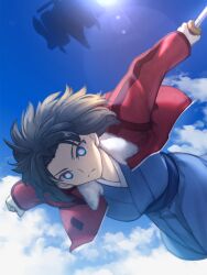 1girl black_hair blue_eyes blue_kimono blue_sash blue_sky breasts closed_mouth cloud cloudy_sky fate/grand_order fate_(series) full_body hair_between_eyes highres holding holding_knife holding_weapon jacket japanese_clothes jumping kimono knife long_sleeves looking_down medium_breasts midair multicolored_eyes mystic_eyes mystic_eyes_of_death_perception open_clothes open_jacket outdoors outstretched_arms parody red_jacket ryougi_shiki sash shoori_(migiha) short_hair sky small_breasts solo style_parody sunlight takeuchi_takashi_(style) thighs type-moon type-moon_heroines weapon