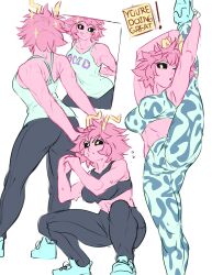 1girl absurdres armpits ashido_mina ass bad_tag black_sclera boku_no_hero_academia bra breasts colored_sclera colored_skin curly_hair flexible grin hhholic highres horns huge_ass looking_at_mirror looking_at_viewer messy_hair mirror pink_hair pink_skin simple_background smile solo sports_bra sportswear underwear yellow_eyes yellow_horns