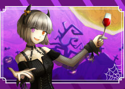 1girl :d absurdres bare_shoulders black_dress black_hairband black_horns black_ribbon bow breasts bright_pupils collarbone cup dress fake_horns fang grey_hair hairband halloween heterochromia highres holding holding_cup horn_hairband horns light_blush long_sleeves looking_at_viewer mismatched_pupils open_mouth orange_nails original purple_background purple_eyes purple_nails red_eyes ribbon see-through_clothes see-through_sleeves short_hair silk smile solo spider_web star-shaped_pupils star_(symbol) symbol-shaped_pupils tsukaasa white_pupils yellow_bow