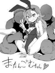 1girl 3boys animal_ears ass borrowed_character breasts greyscale hair_between_eyes highres insect_hair_ornament leotard long_hair matangomu-chan money monochrome multiple_boys original pillbug playboy_bunny rabbit_ears rabbit_tail sketch small_breasts spread_legs tail v white_background yama_batake