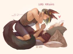 2boys alternate_costume animal_ear_fluff animal_ears artistdkt bishounen black_nails black_shorts couple cyno_(genshin_impact) dark-skinned_male dark_skin fingerless_gloves fox_boy fox_ears genshin_impact gloves good_morning green_eyes green_hair hair_between_eyes highres jackal_ears long_hair looking_at_another male_focus multicolored_hair multiple_boys nail_polish red_eyes ship_dynamics short_hair shorts single_fingerless_glove single_glove smile tail thighhighs tighnari_(genshin_impact) white_background white_hair yaoi