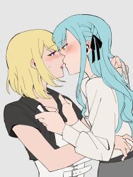 2girls bang_dream! bang_dream!_it&#039;s_mygo!!!!! black_ribbon black_shirt blonde_hair blue_hair braid commentary eye_contact grey_background hair_ribbon hand_in_another&#039;s_hair hashtag-only_commentary highres imminent_kiss long_hair long_sleeves looking_at_another medium_hair misumi_uika multiple_girls purple_eyes r_bishh ribbon shirt short_sleeves sidelocks simple_background togawa_sakiko upper_body white_shirt yellow_eyes yuri