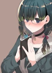 1girl absurdres black_choker black_eyes black_hair black_serafuku blush book breasts choker closed_mouth commentary_request earrings glasses hair_behind_ear hair_ribbon hands_up highres holding holding_book jewelry kimi_wa_meido-sama long_hair looking_at_viewer low_twintails red_ribbon ribbon sailor_collar school_uniform serafuku shotan simple_background solo twintails upper_body white_sailor_collar yuki_(kimi_wa_meido-sama)