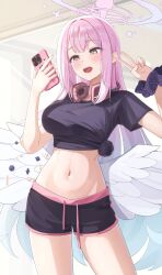 1girl alternate_costume black_scrunchie black_shirt blue_archive cellphone daran9 halo hands_up headphones headphones_around_neck highres holding holding_phone long_hair low_wings mika_(blue_archive) navel open_mouth phone pink_hair scrunchie shirt short_sleeves smartphone solo standing stomach teeth upper_teeth_only v white_wings wing_ornament wings wrist_scrunchie yellow_eyes