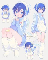 alternate_costume apron bandaid bandaid_on_knee bandaid_on_leg blue_eyes blue_hair blue_jacket blue_nails blush chibi closed_eyes commentary flying_sweatdrops frilled_apron frills grey_background hair_between_eyes heart highres jacket jersey_maid kaito_(vocaloid) leg_warmers long_sleeves looking_at_viewer maid maid_headdress mogu_(wy5xrt7w) multiple_views nail_polish open_mouth simple_background symbol-only_commentary track_jacket trap unconventional_maid vocaloid white_apron white_leg_warmers