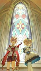 Rule 34 | 1boy, 1girl, absurdres, barbara (genshin impact), black gloves, black shorts, blonde hair, blue eyes, boioioq, book, cathedral, collared dress, commentary request, crossed arms, dahlia (genshin impact), dress, genshin impact, gloves, gold trim, hair between eyes, hand up, hat, highres, holding, holding book, hydro symbol (genshin impact), indoors, looking at another, medium hair, off-shoulder dress, off shoulder, open mouth, pantyhose, petticoat, pink hair, purple eyes, ringlets, short hair, short shorts, shorts, smile, twintails, vision (genshin impact), white dress, white hat, white pantyhose