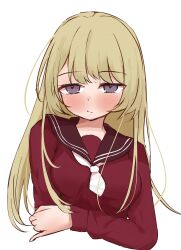 1girl :/ absurdres arm_under_breasts assault_lily blonde_hair blush breasts brown_sailor_collar chitonimu closed_mouth cropped_arms cropped_torso hand_on_own_arm hand_up highres kanba_girls_high_school_uniform long_hair long_sleeves looking_at_viewer medium_breasts miyagawa_takane necktie purple_eyes red_shirt sailor_collar school_uniform serafuku shirt short_necktie sidelocks simple_background solo upper_body white_background white_necktie