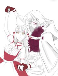2girls apron arm_up aver_(yumenokessho) back_bow bang_dream! bang_dream!_it&#039;s_mygo!!!!! bow buttons capelet center_frills chest_belt closed_mouth crescent crescent_facial_mark dancing dirndl doloris_(bang_dream!) dress expressionless eye_contact facial_mark frills german_clothes gloves hair_down hair_ornament hair_ribbon hand_up highres holding_hands hood hood_down hooded_capelet light_smile long_hair looking_at_another looking_up medium_hair misumi_uika monochrome multiple_girls parted_lips profile puffy_short_sleeves puffy_sleeves purple_eyes red_dress red_gloves red_ribbon red_shirt ribbon shirt short_sleeves shorts simple_background spot_color sweets_paradise togawa_sakiko underbust wa_t_er1 waist_apron white_background yellow_eyes yumenokessho yuri