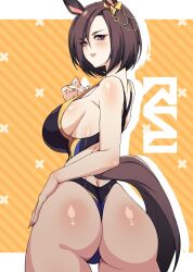 1girl air_groove_(umamusume) alternate_costume animal_ears artist_logo ass bad_id bad_twitter_id bare_shoulders black_one-piece_swimsuit blush breasts brown_hair cero_rains cowboy_shot ear_ornament from_behind hand_on_own_hip highres horse_ears horse_girl horse_tail large_breasts logo looking_at_viewer looking_back one-piece_swimsuit one-piece_thong orange_background purple_eyes short_hair sideboob simple_background solo swimsuit tail two-tone_background umamusume white_background