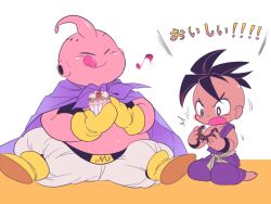 2boys antennae baggy_pants barefoot belt black_eyes black_hair black_vest black_wrist_cuffs blush boots cape chibi chibi_only closed_eyes closed_mouth collarbone colored_skin commentary cupcake dark-skinned_male dark_skin donut dougi dragon_ball dragon_ball_gt dragonball_z dual_persona fat fat_buu fat_man food full_body gloves gold_buckle gold_trim grey_sash hands_up holding holding_cupcake holding_donut holding_food hole_on_body looking_at_food majin_buu male_focus martial_arts_belt mohawk multiple_boys musical_note no_eyebrows on_floor open_mouth pants pink_skin purple_cape purple_dougi shirtless_male simple_background sitting spiked_hair tongue tongue_out translation_request uub vest white_background white_pants wrist_cuffs yellow_boots yellow_gloves
