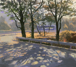 bus bush day forest highres motor_vehicle nature no_humans original outdoors road scenery shadow slow_d sunlight tree
