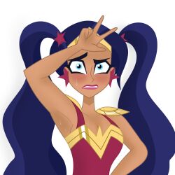 1girl armpits blue_eyes blue_hair blush breasts cleavage dc_comics earrings hand_on_own_forehead jewelry lips long_hair looking_at_viewer magical_girl medium_breasts oracle_(pixiv_34419145) parted_lips raised_eyebrow simple_background sleeveless star_(symbol) star_earrings superhero_costume sweat tiara toon_(style) twintails upper_body white_background wonder_woman