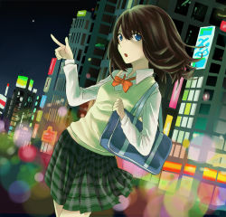 1girl bag black_hair blue_eyes female_focus kaeru314 kaeru_(kaerism) original school_uniform solo urban