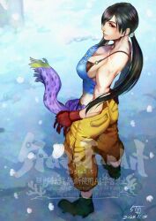 1girl 5tatsu bare_shoulders black_footwear black_hair blue_shirt breasts cargo_pants cleavage closed_mouth cosplay crop_top dated final_fantasy final_fantasy_vi final_fantasy_vii final_fantasy_vii_ever_crisis gloves hair_tie highres large_breasts low_ponytail muscular muscular_female official_alternate_costume pants ponytail red_eyes red_gloves sabin_rene_figaro sabin_rene_figaro_(cosplay) sash shirt sideboob signature snow solo strapless tifa_lockhart tifa_lockhart_(sabin&#039;s_style) tube_top twitter_username waist_sash watermark yellow_pants