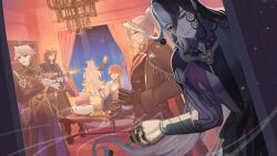 1girl 5boys alessandro_di_cagliostro_(fate) ashiya_douman_(fate) asymmetrical_hair black_eyes black_hair braid brown_hair chandelier cracked_skin cross cross_necklace curly_hair earrings emiya_shirou facial_hair fate/grand_order fate_(series) fingernails food foreign_disciples_(fate/grand_order) gloves goatee grey_hair grigori_rasputin_(fate) hair_between_eyes highres holding holding_food indoors jacket james_moriarty_(ruler)_(fate) jewelry kotomine_kirei lightning_ahoge long_hair long_sleeves magatama magatama_earrings multicolored_hair multiple_boys necklace olga_marie_animusphere open_mouth orange_hair party priest red_eyes senji_muramasa_(fate) sharp_fingernails short_hair sitting smile split-color_hair standing two-tone_hair ushijiya very_long_fingernails very_long_hair white_hair window yellow_eyes