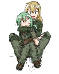2girls annoyed blonde_hair blue_eyes boots brown_eyes dutchko grabbing_another&#039;s_breast green_hair groping hug hug_from_behind lita_(dutchko) military military_uniform multiple_girls simple_background sitting sitting_on_lap sitting_on_person teasing vesna_(dutchko) white_background yuri